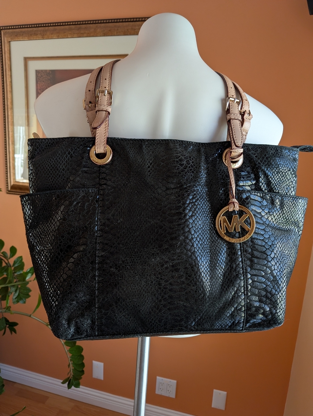 Michael Kors Black Snake-Embossed Tote with Beige Straps Shoulder Gold Medallion